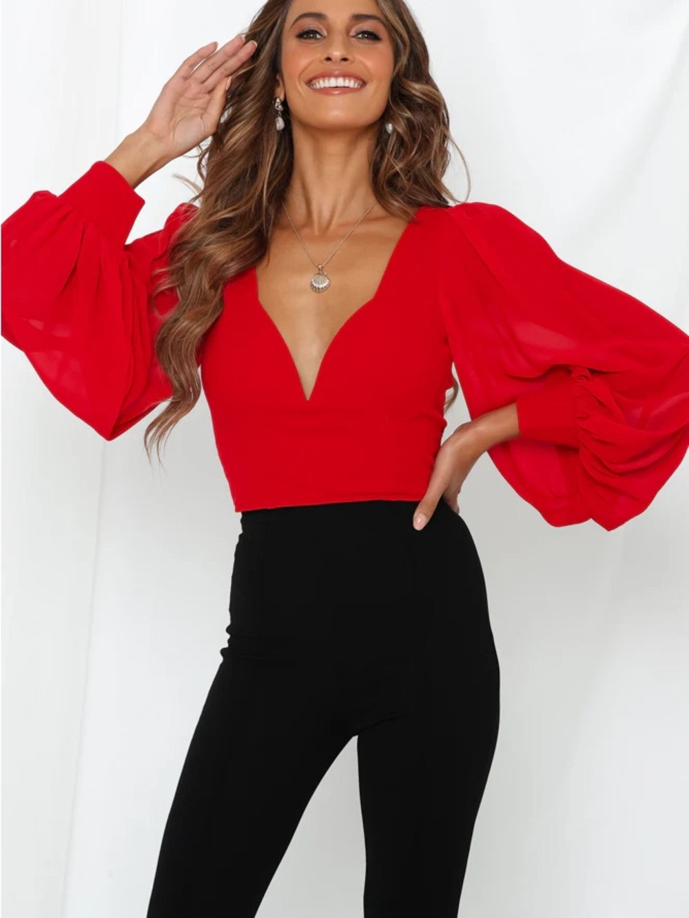 Hello Molly Night Train Crop Top Red V-Neck Puff Sleeve